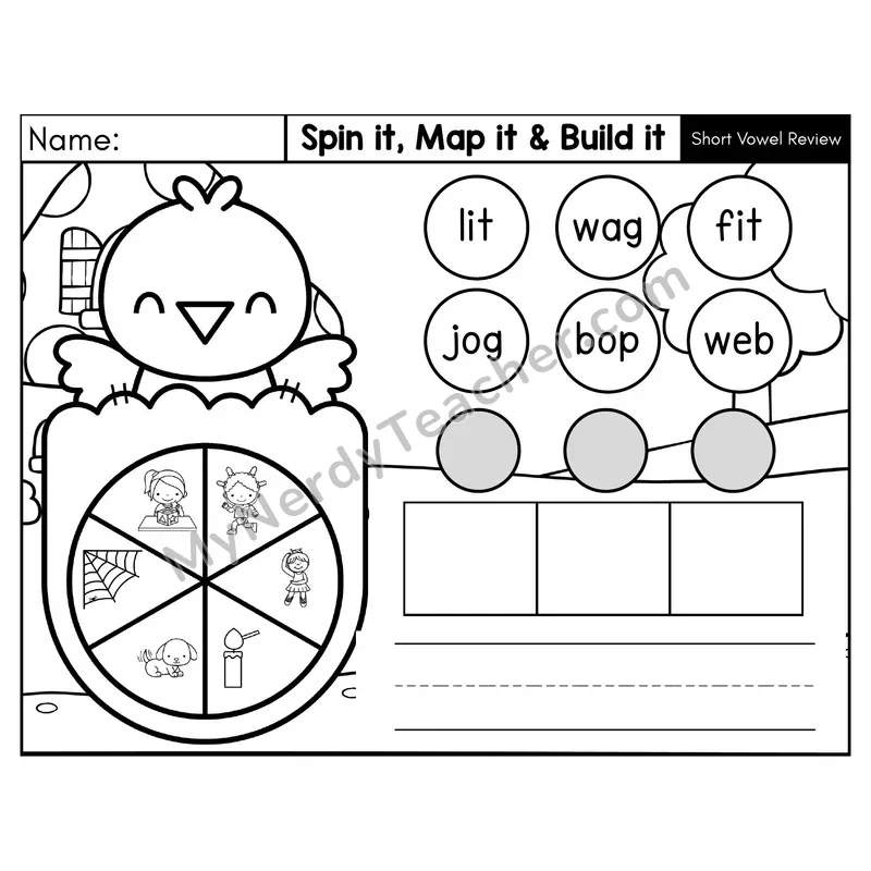 Short Vowel Review CVC Spin it, Map it, and Build it Phonics Center 2 — Black & White