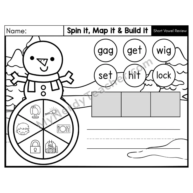 Short Vowel Review CVC Spin it, Map it, and Build it Phonics Center — Black & White