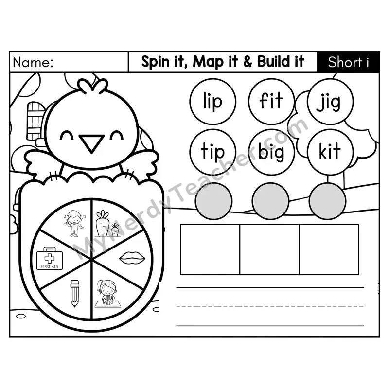 Short I CVC Spin it, Map it, and Build it Phonics Center 2 — Black & White