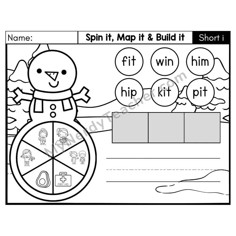 Short I CVC Spin it, Map it, and Build it Phonics Center — Black & White