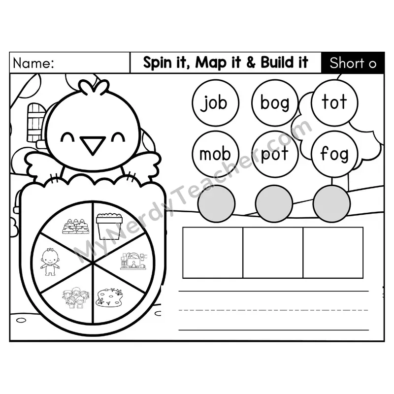 Short O CVC Spin it, Map it, and Build it Phonics Center 2 — Black & White