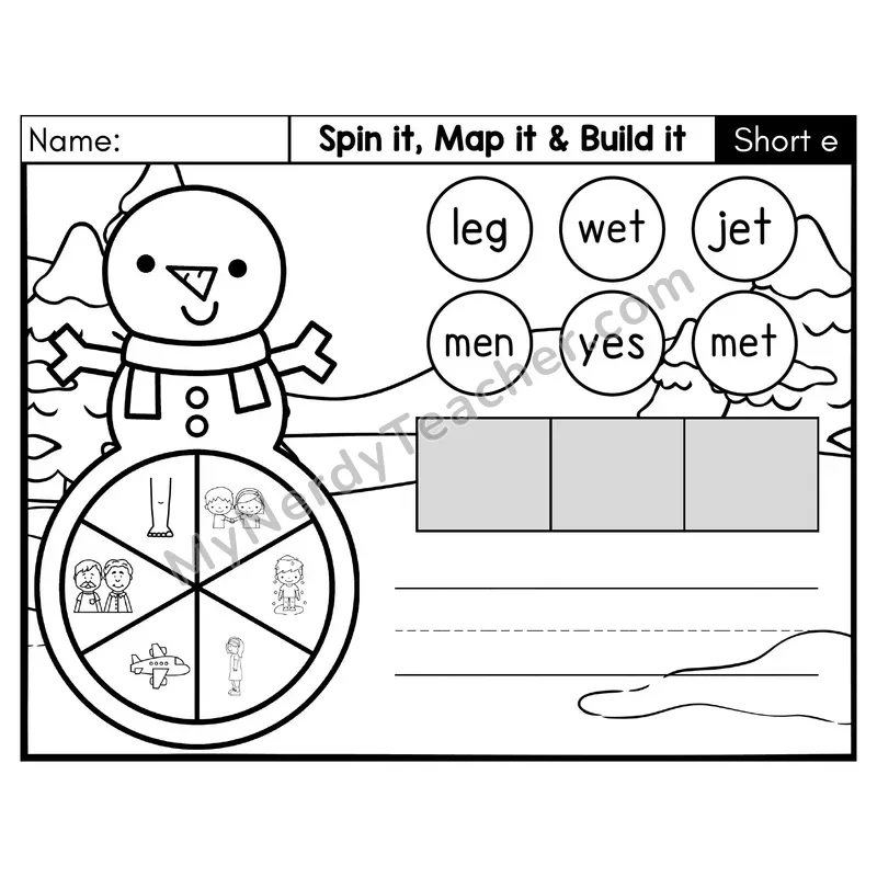 Short E CVC Spin it, Map it, and Build it Phonics Center — Black & White
