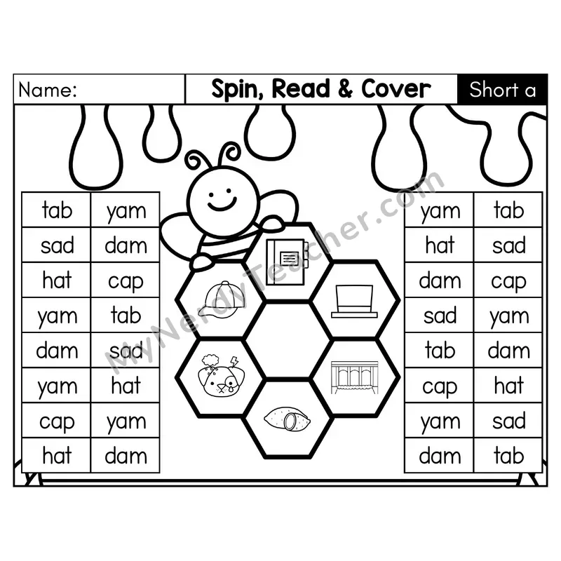 Short A CVC Spin, Read, and Cover Phonics Game — Black & White