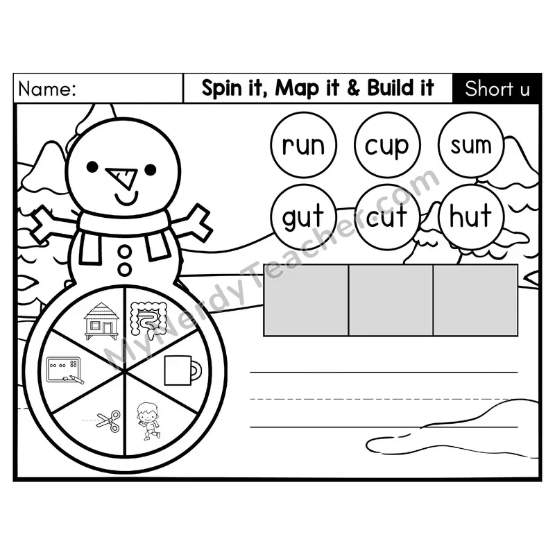 Short U CVC Spin it, Map it, and Build it Phonics Center — Black & White