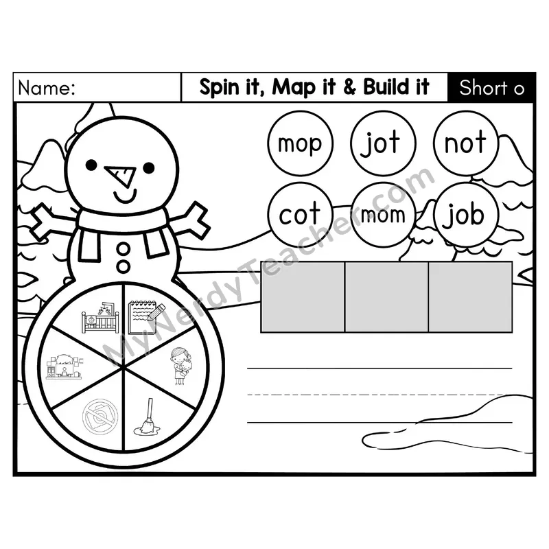 Short O CVC Spin it, Map it, and Build it Phonics Center — Black & White