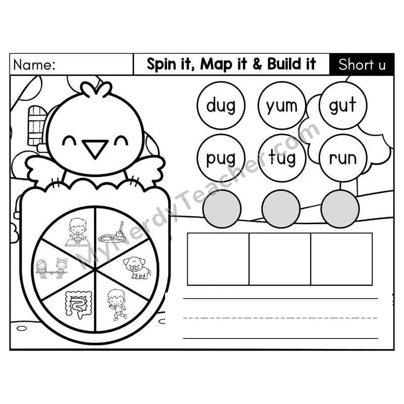 Short U CVC Spin it, Map it, and Build it Phonics Center 2 — Black & White