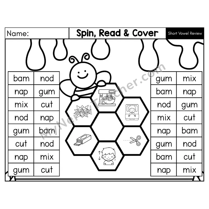 Short Vowel Review CVC Spin, Read, and Cover Phonics Game — Black & White