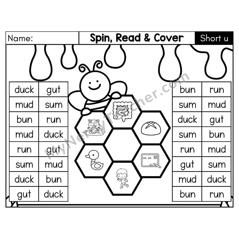 Short U CVC Spin, Read, and Cover Phonics Game — Black & White