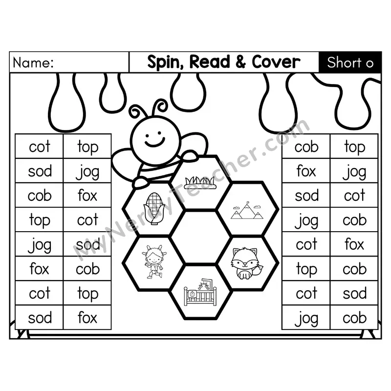 Short O CVC Spin, Read, and Cover Phonics Game — Black & White