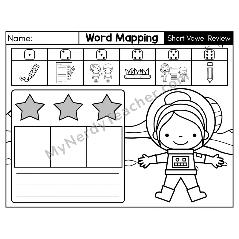 Short Vowel Review CVC Word Mapping Phonics Center — Black & White