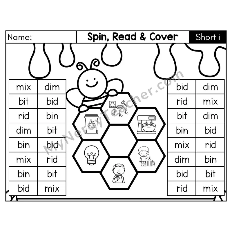 Short I CVC Spin, Read, and Cover Phonics Game — Black & White