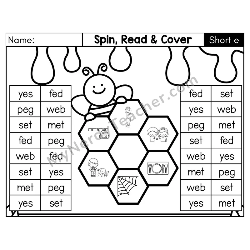 Short E CVC Spin, Read, and Cover Phonics Game — Black & White