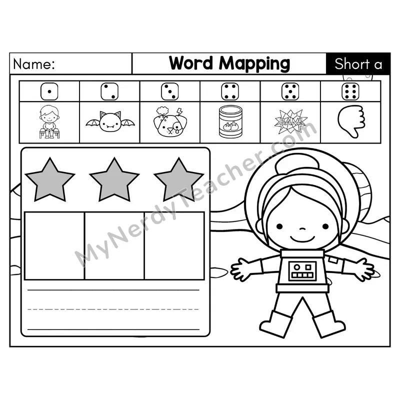 Short A CVC Word Mapping Phonics Center — Black & White