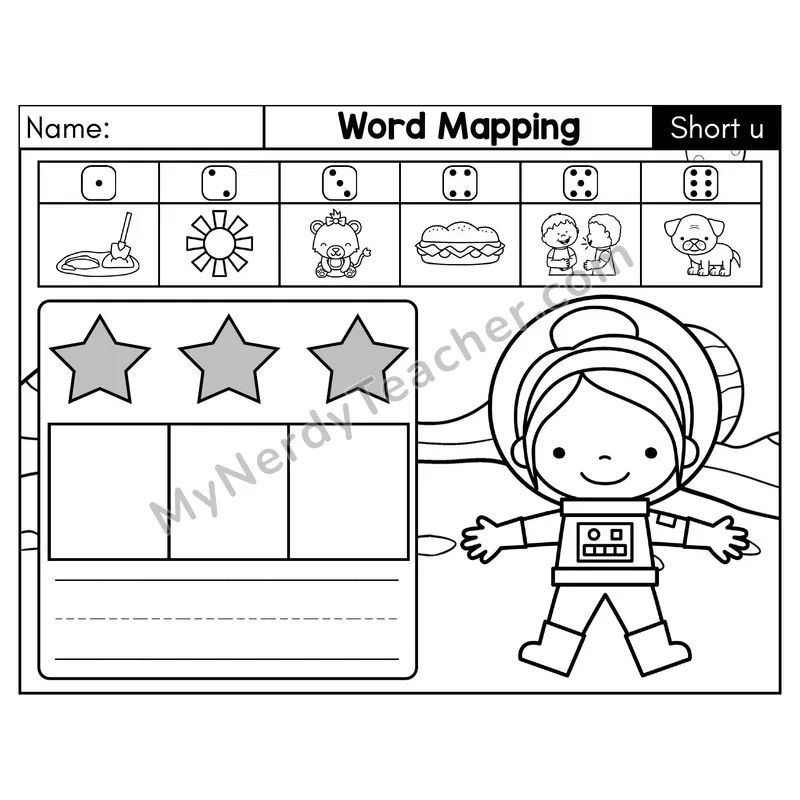 Short U CVC Word Mapping Phonics Center — Black & White