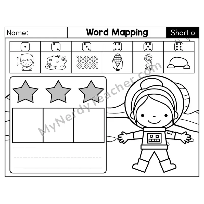 Short O CVC Word Mapping Phonics Center — Black & White