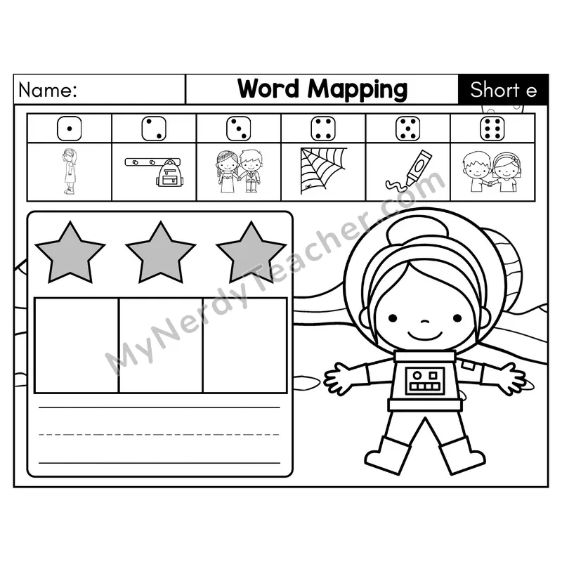 Short E CVC Word Mapping Phonics Center — Black & White