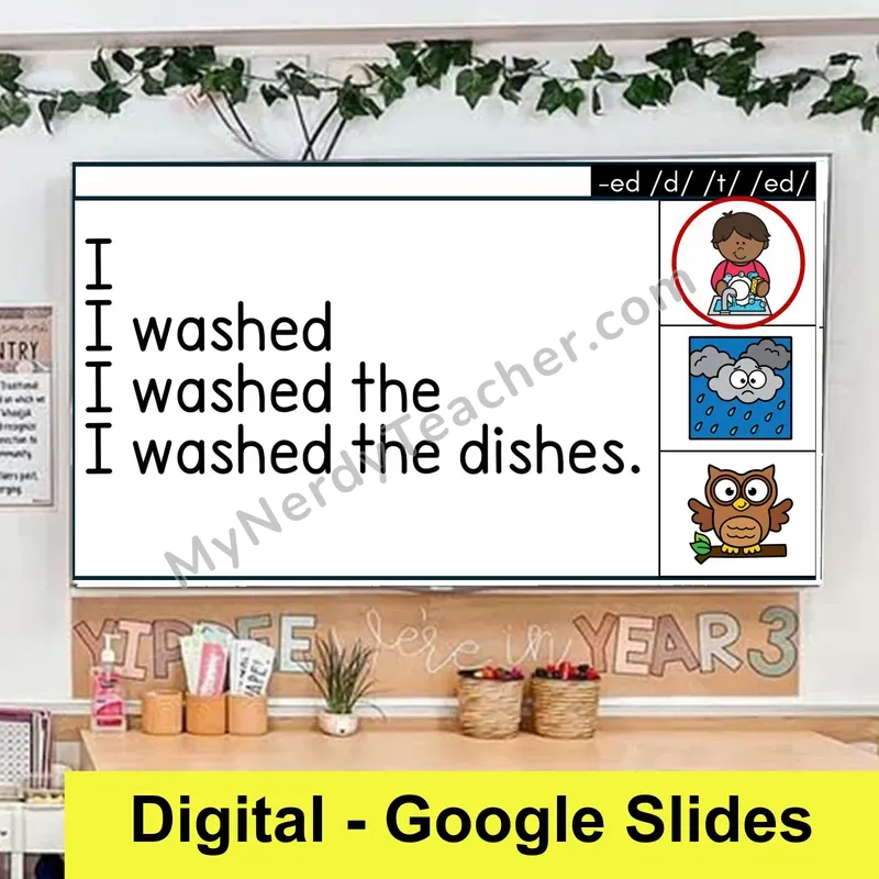Suffix -ed Endings (/d/, /t/, /ed/) Sentence Pyramids — Digital Google Slides Fluency & Comprehension