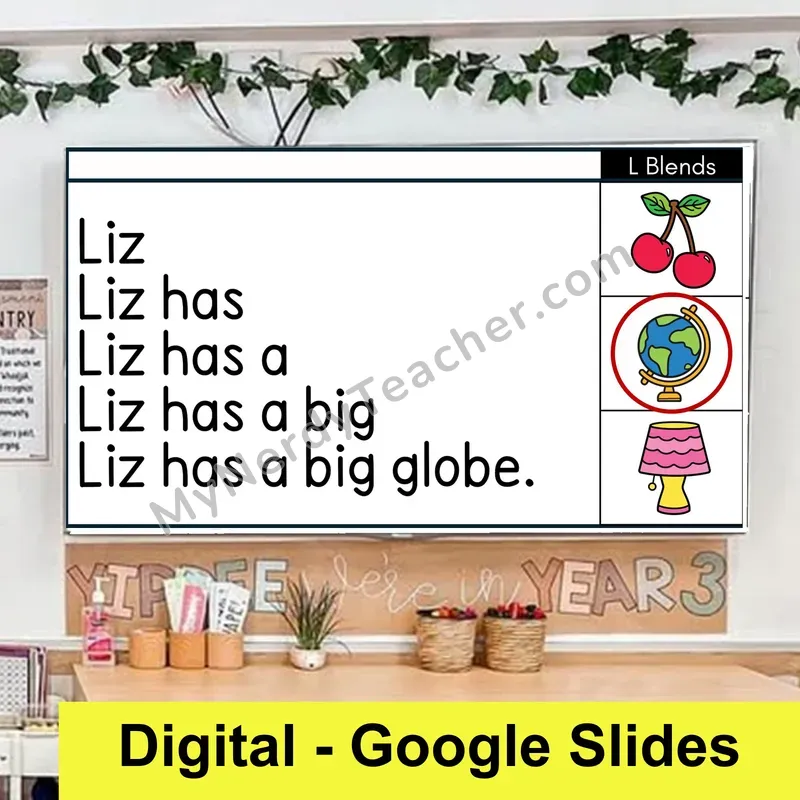 L Blends (bl, cl, fl, gl, pl, sl) Sentence Pyramids — Digital Google Slides Fluency & Comprehension