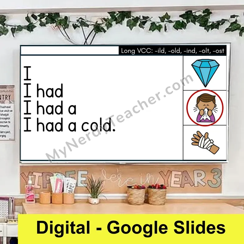 Long VCC (-ild, -old, -ind, -olt, -ost) Sentence Pyramids — Digital Google Slides Fluency & Comprehension