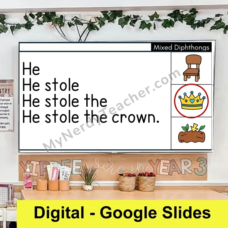Mixed Diphthongs (oi, oy, ou, ow) Sentence Pyramids — Digital Google Slides Fluency & Comprehension