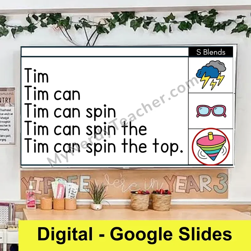 S Blends (sc, sk, sl, sm, sn, sp, st, sw) Sentence Pyramids — Digital Google Slides Fluency & Comprehension