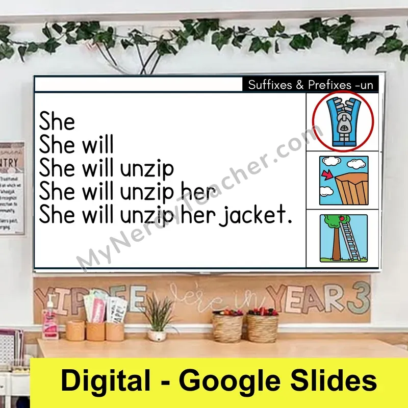 Prefix un- Sentence Pyramids — Digital Google Slides Fluency & Comprehension