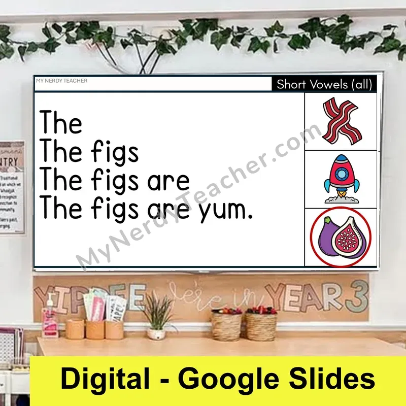 Short Vowels Review (all) Sentence Pyramids — Digital Google Slides Fluency & Comprehension
