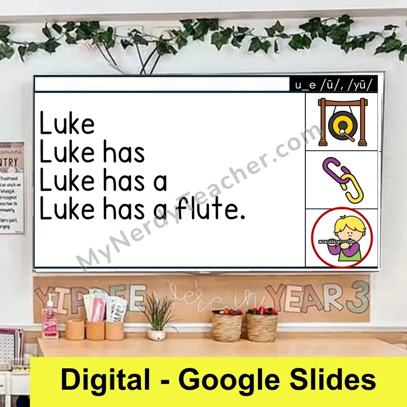 u_e (Long U VCe) Sentence Pyramids — Digital Google Slides Fluency & Comprehension