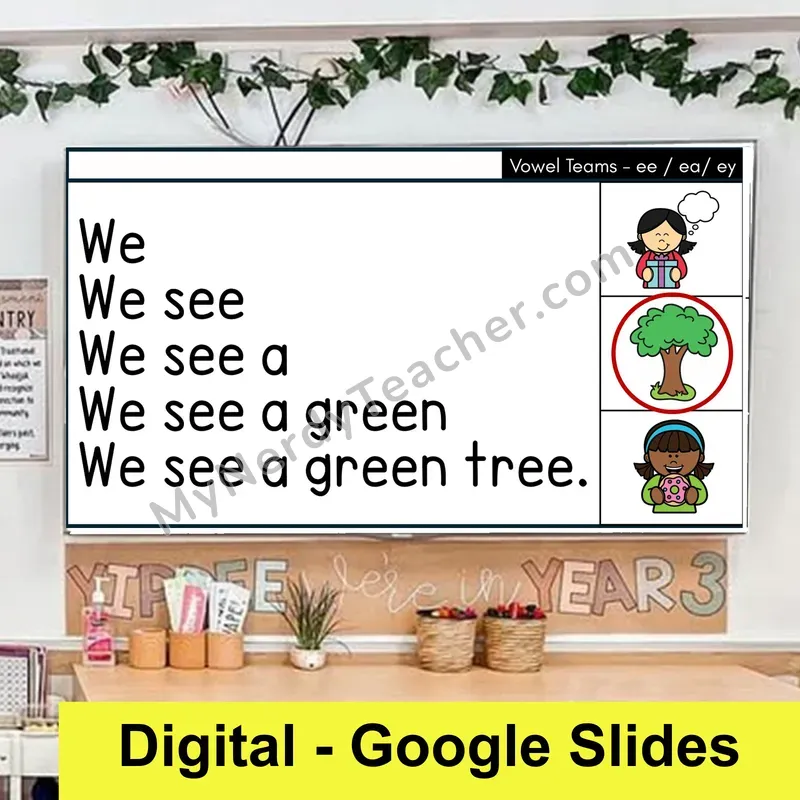 ee, ea, ey Vowel Team (Long E) Sentence Pyramids — Digital Google Slides Fluency & Comprehension