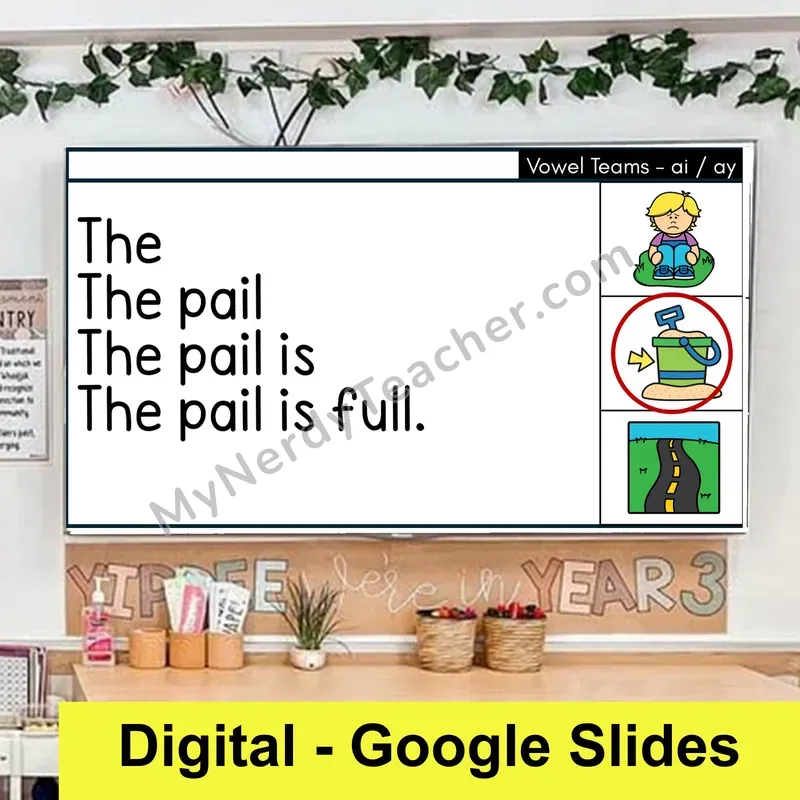ai, ay Vowel Team (Long A) Sentence Pyramids — Digital Google Slides Fluency & Comprehension