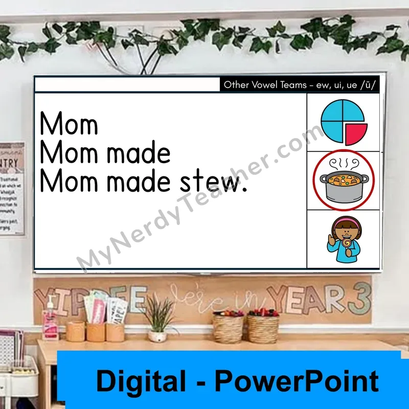 Vowel Teams ew, ui, ue (/ū/) Sentence Pyramids — Digital Fluency Practice