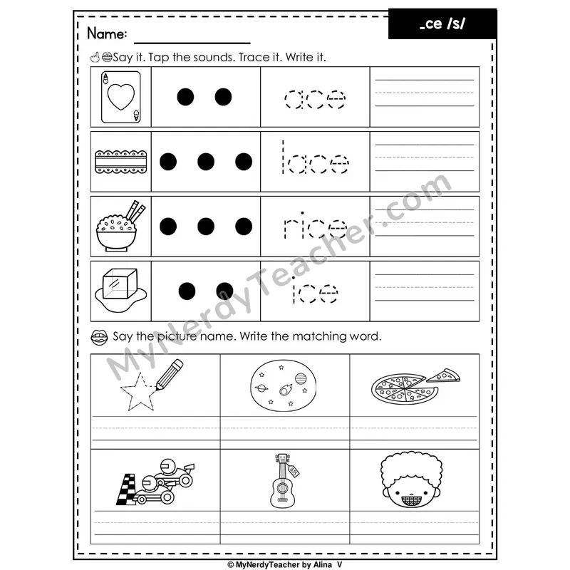 Soft C (_ce) Writing Worksheet — Tap, Trace and Write