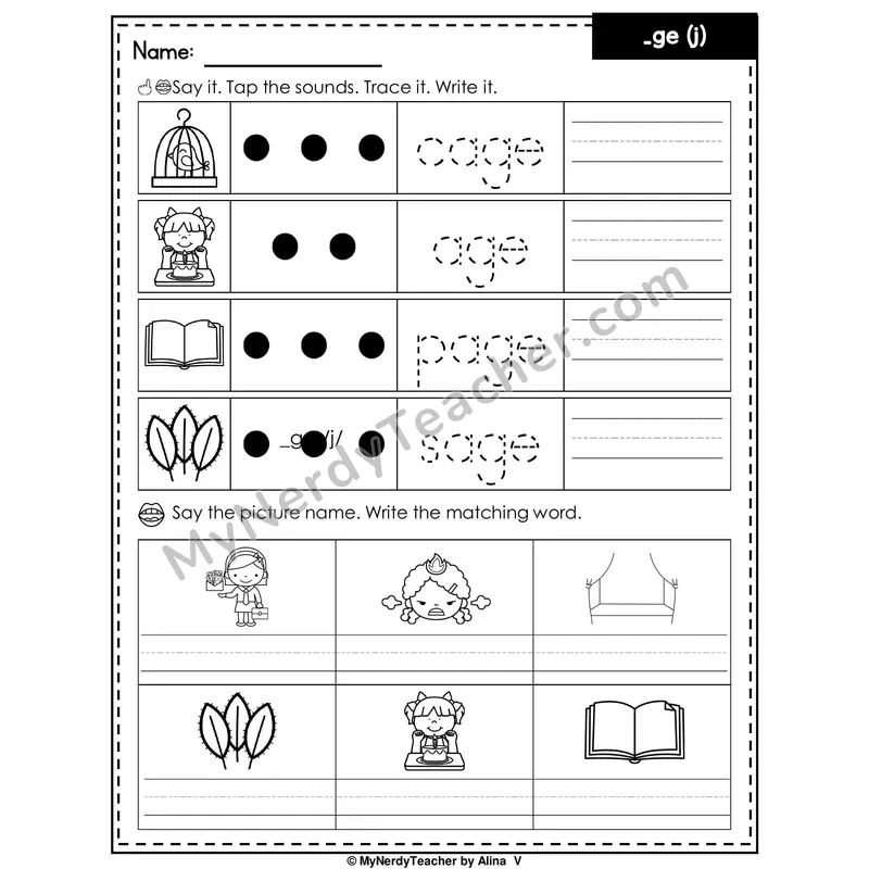 Soft G (_ge) Writing Worksheet — Tap, Trace and Write