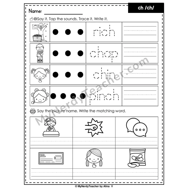 Digraph CH Writing Worksheet — Tap, Trace and Write