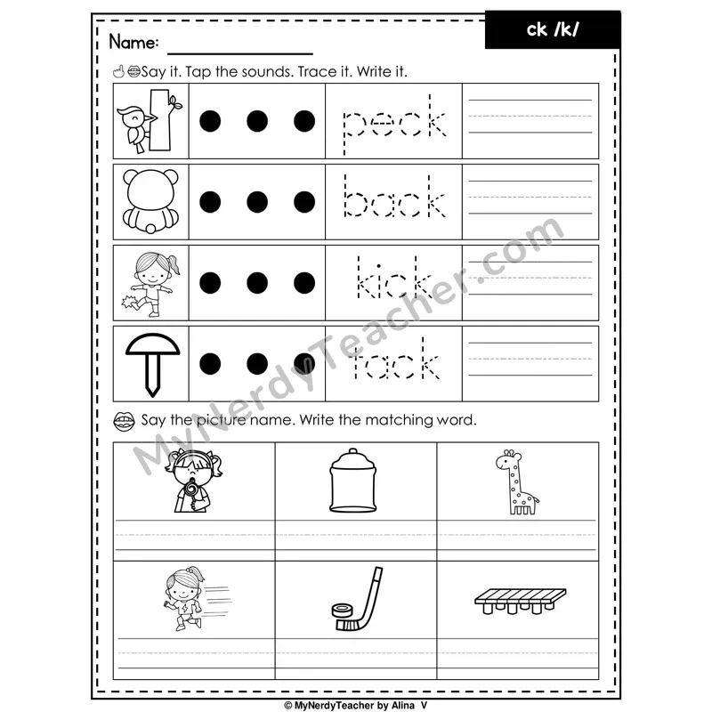 Digraph CK Writing Worksheet — Tap, Trace and Write