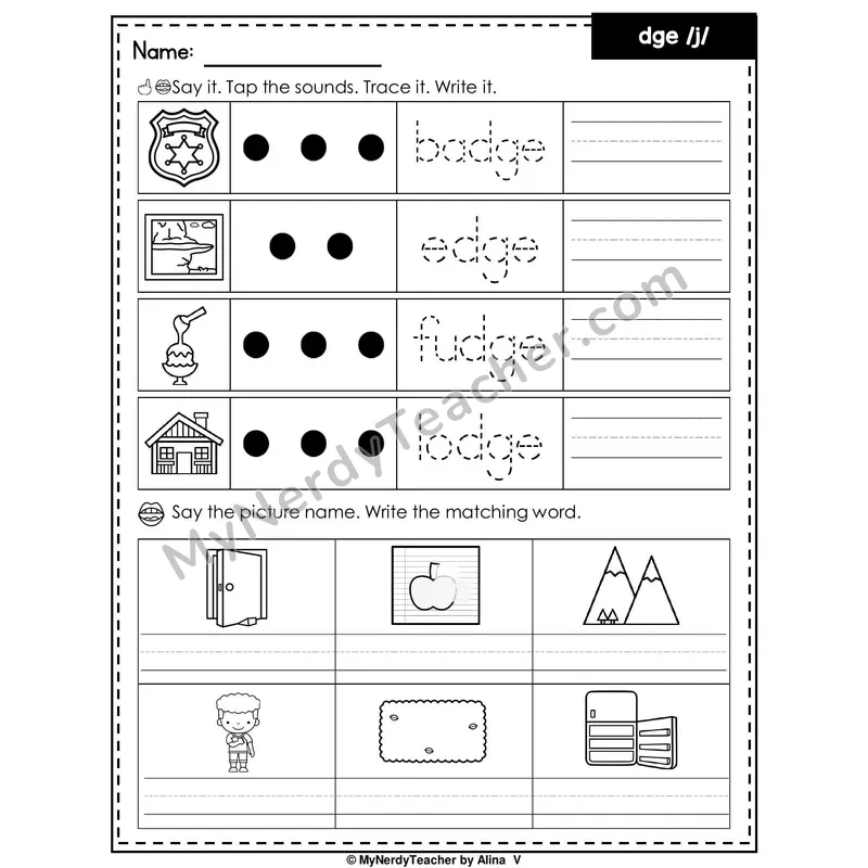 DGE Trigraph (/j/ Ending) Writing Worksheet — Tap, Trace and Write