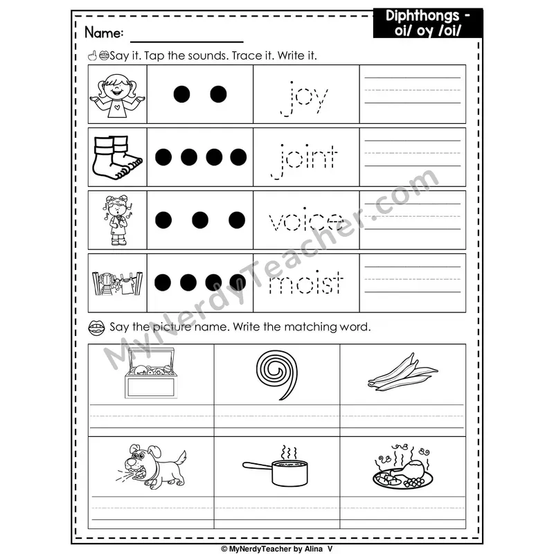 Diphthongs OI and OY Writing Worksheet — Tap, Trace and Write