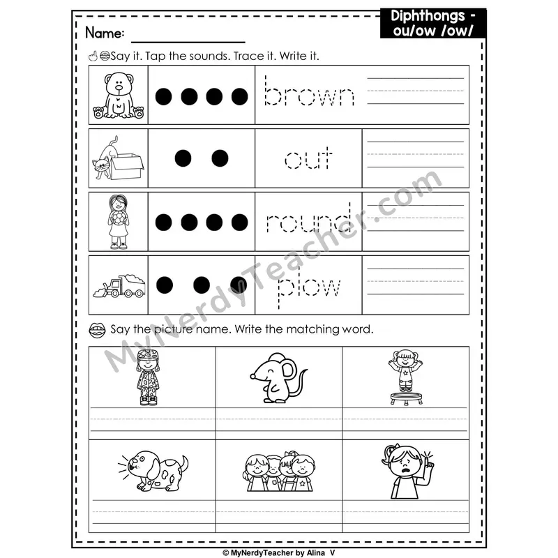 Diphthongs OU and OW Writing Worksheet — Tap, Trace and Write
