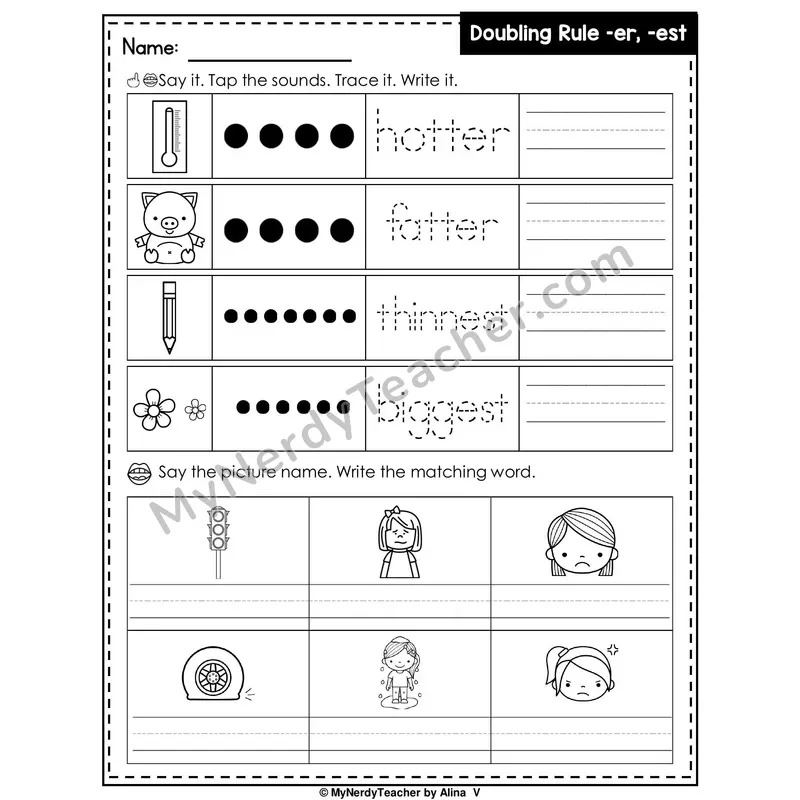 Doubling Rule (-er, -est) Writing Worksheet — Tap, Trace and Write