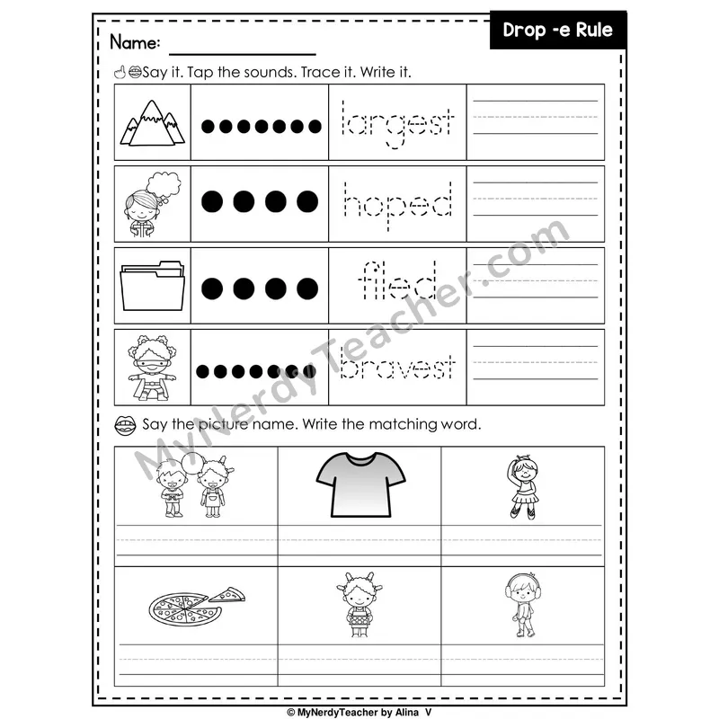 Drop-E Rule Writing Worksheet — Tap, Trace and Write