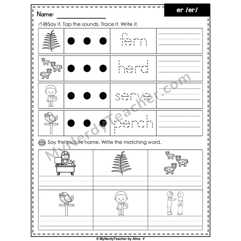 R-Controlled Vowel ER Writing Worksheet — Tap, Trace and Write