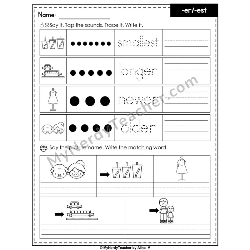 Suffixes -er and -est Writing Worksheet — Tap, Trace and Write