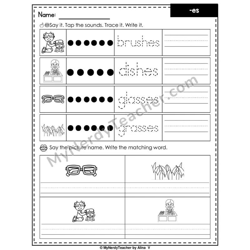 Suffix -es Writing Worksheet — Tap, Trace and Write