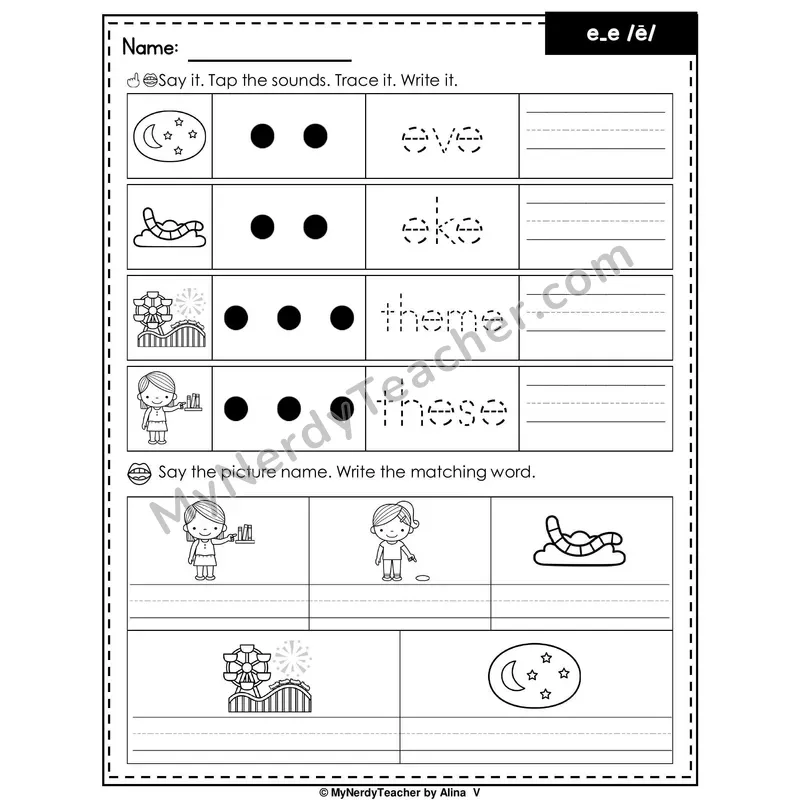 Long E (e_e Silent E) Writing Worksheet — Tap, Trace and Write