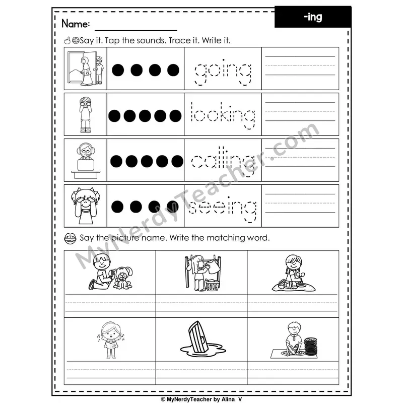 Suffix -ing Writing Worksheet — Tap, Trace and Write