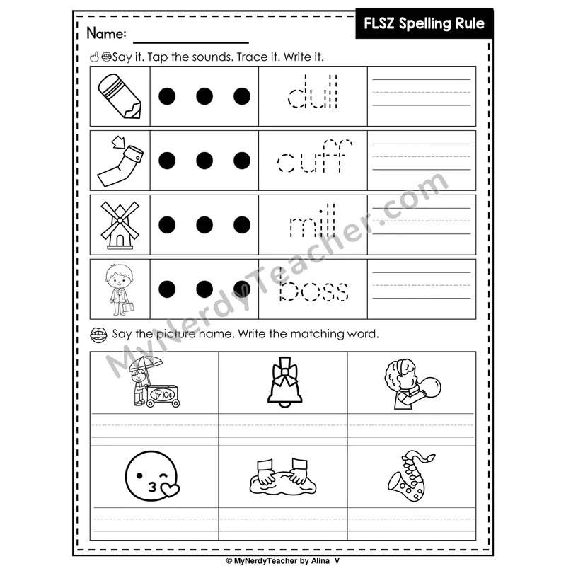FLSZ Spelling Rule (Floss Rule) Writing Worksheet — Tap, Trace and Write