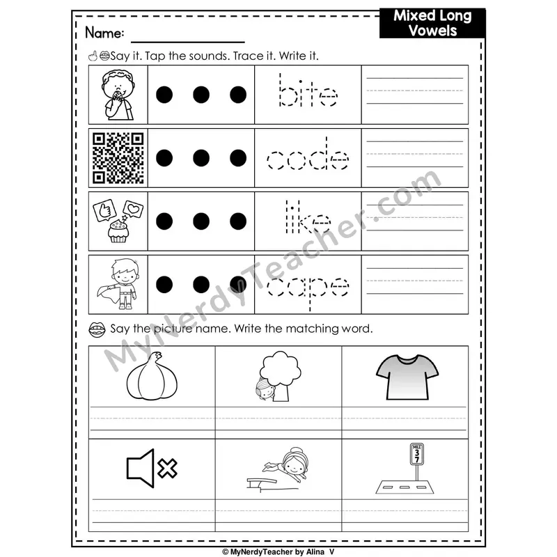 Long Vowels Review Writing Worksheet — Tap, Trace and Write