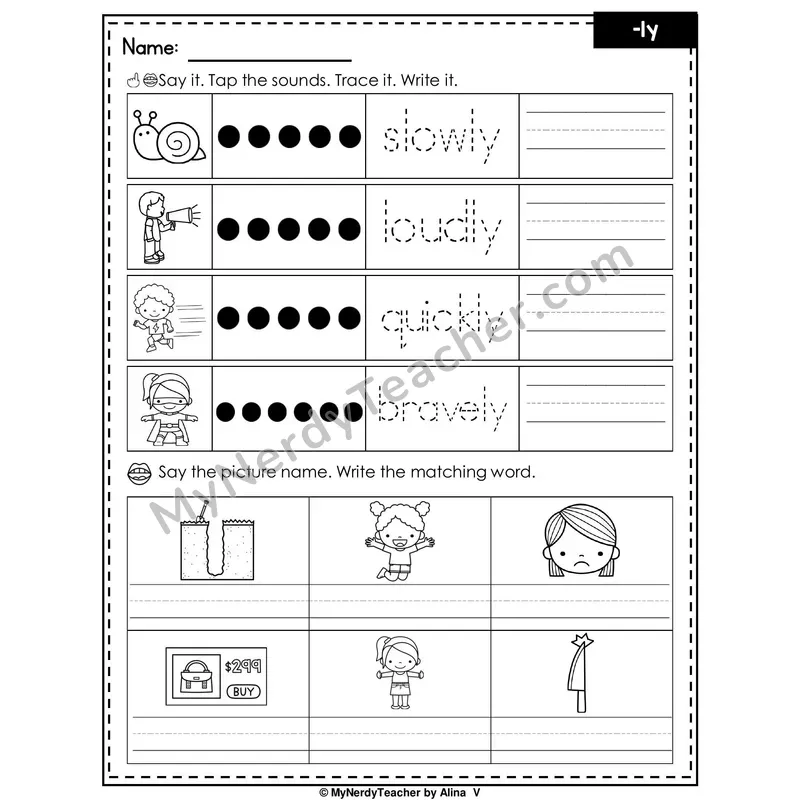 Suffix -ly Writing Worksheet — Tap, Trace and Write
