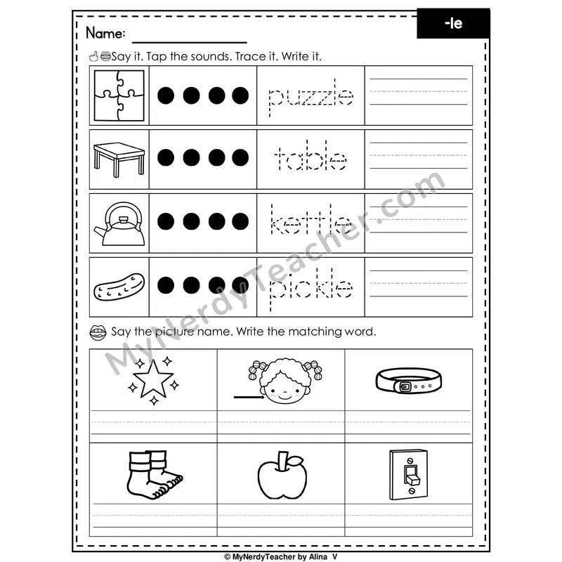 Final Stable Syllable -le Writing Worksheet — Tap, Trace and Write