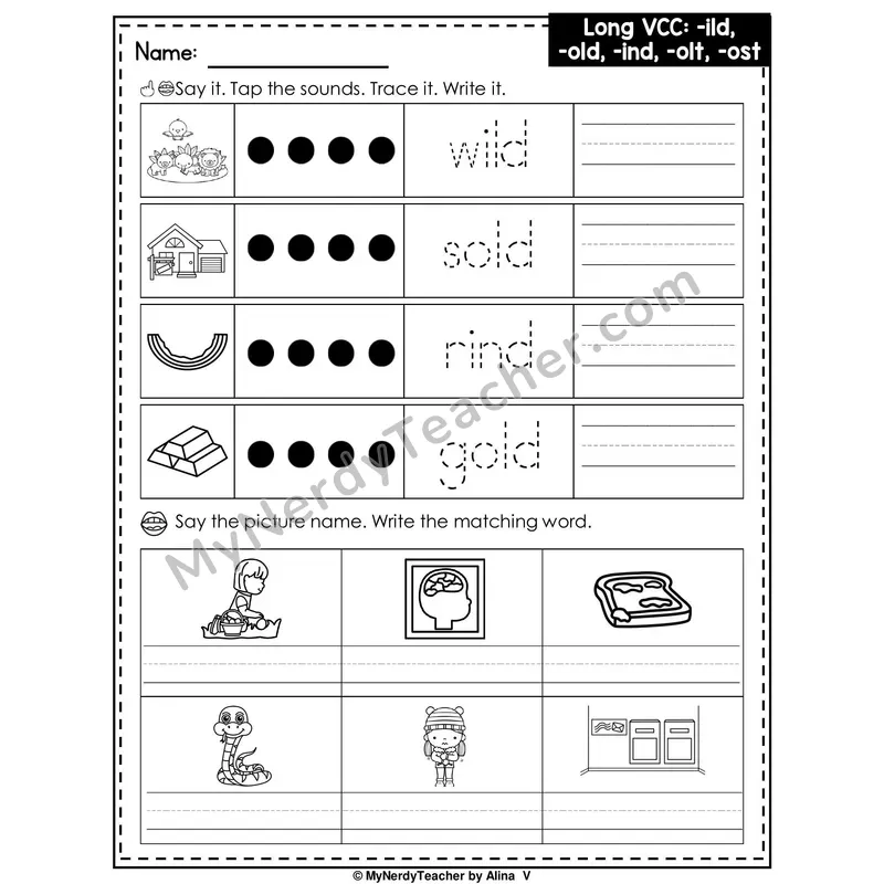 Long VCC Patterns (-ild, -old, -ind, -olt, -ost) Writing Worksheet — Tap, Trace and Write